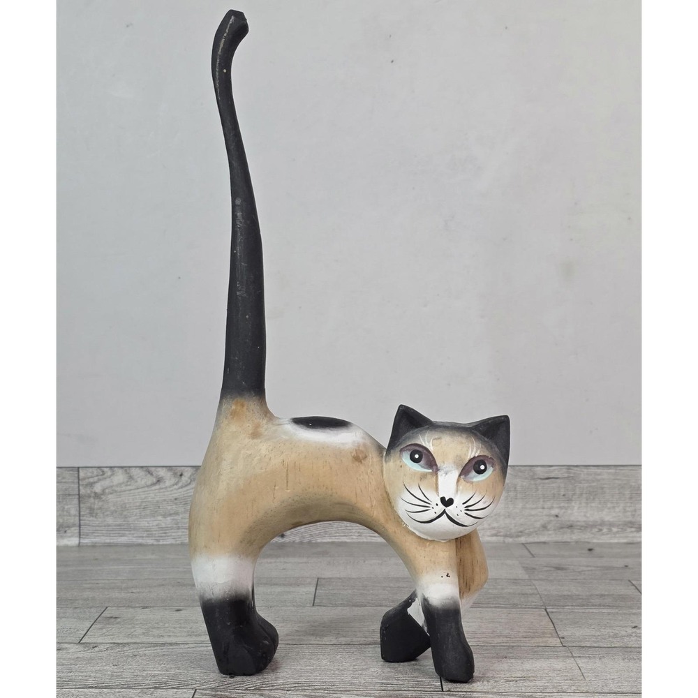 Vintage Wooden Cat Long Tail Figurine Folk Art Hand Carved/Painted Ring Holder?
